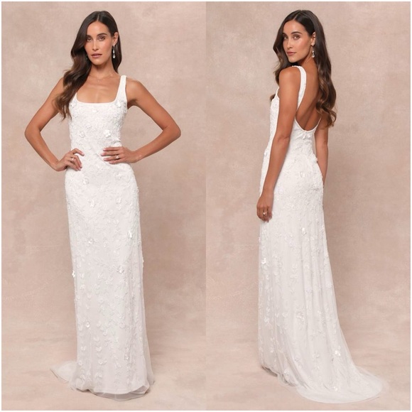 LULU’S Extraordinary Glamour White 3D Floral Beaded Backless Maxi Dress - Picture 1 of 6